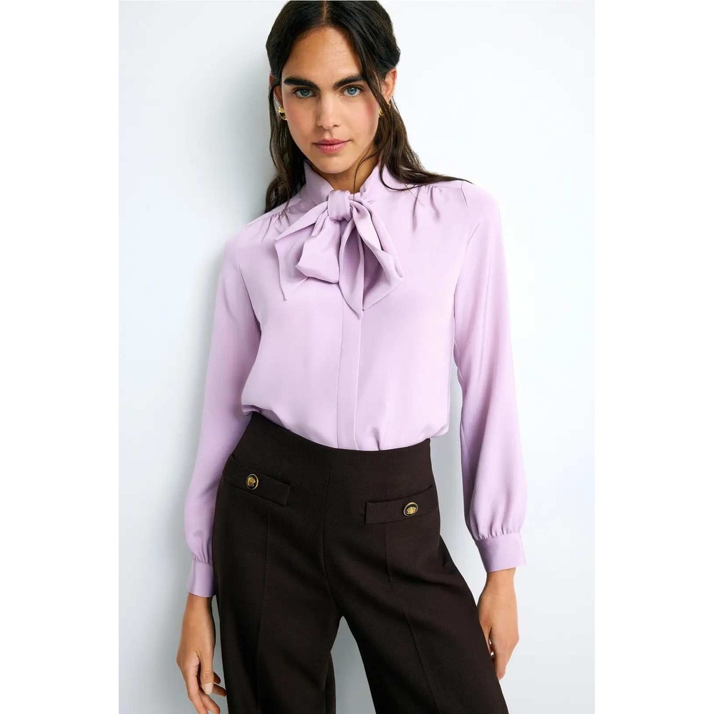Ann Mashburn Tie Neck Blouse Lavender Purple Silk Long Sleeve Top Women Size S